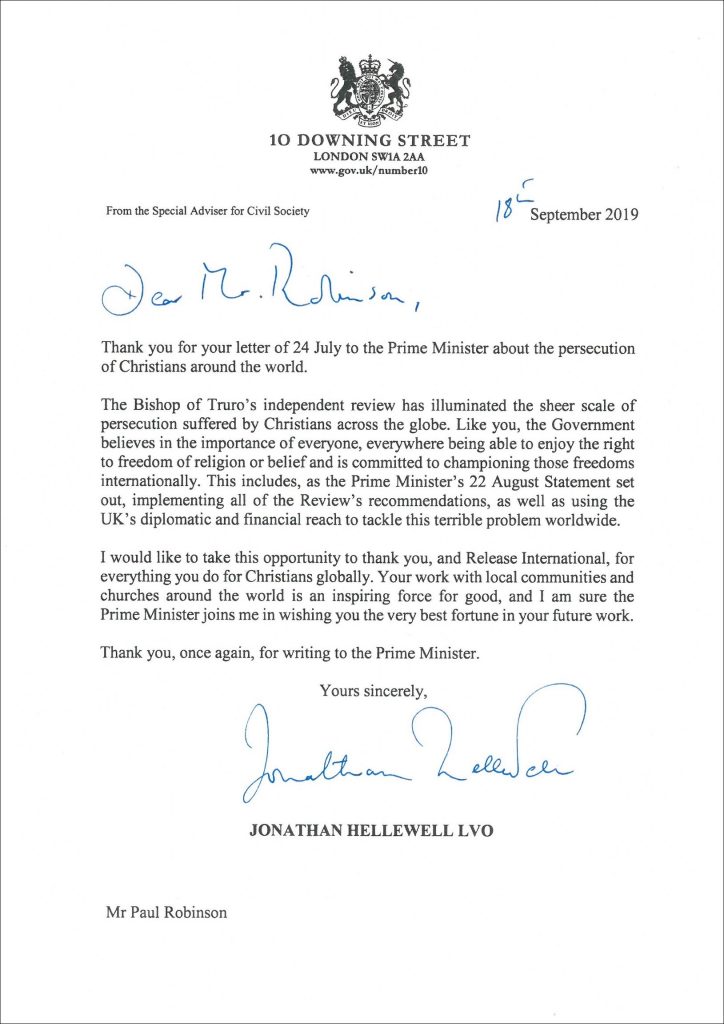Letter from Prime Minister's Office - Release International