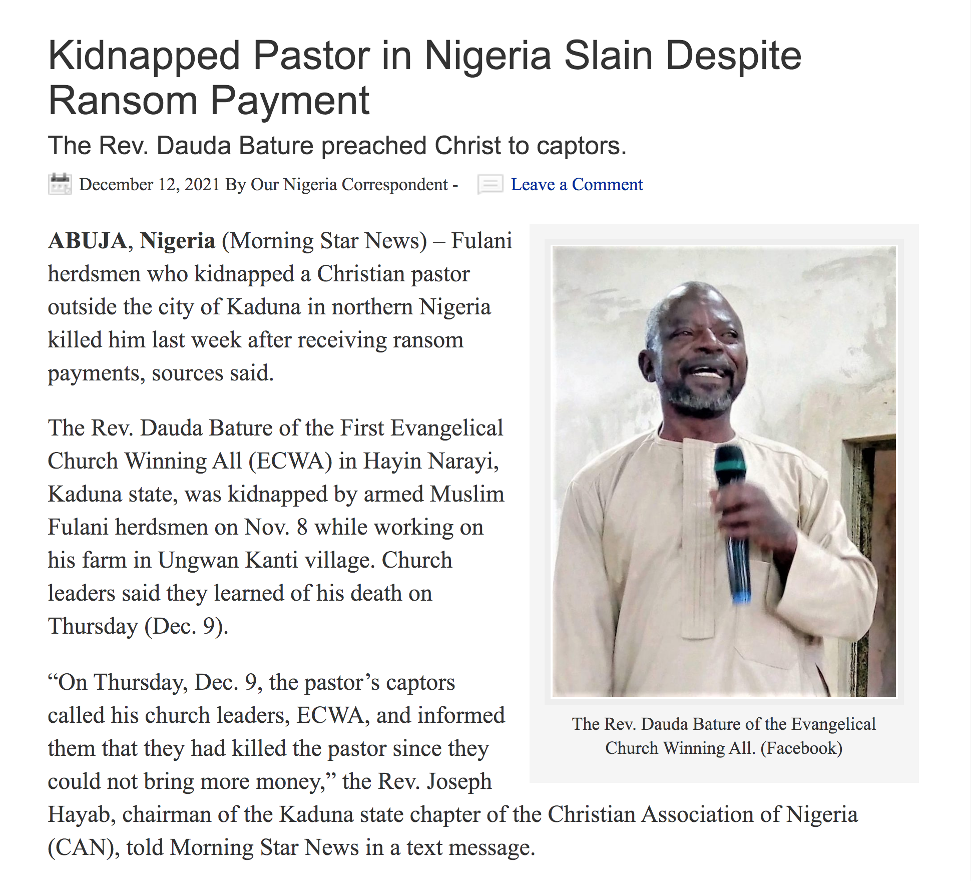 Pastor killed Nigeria